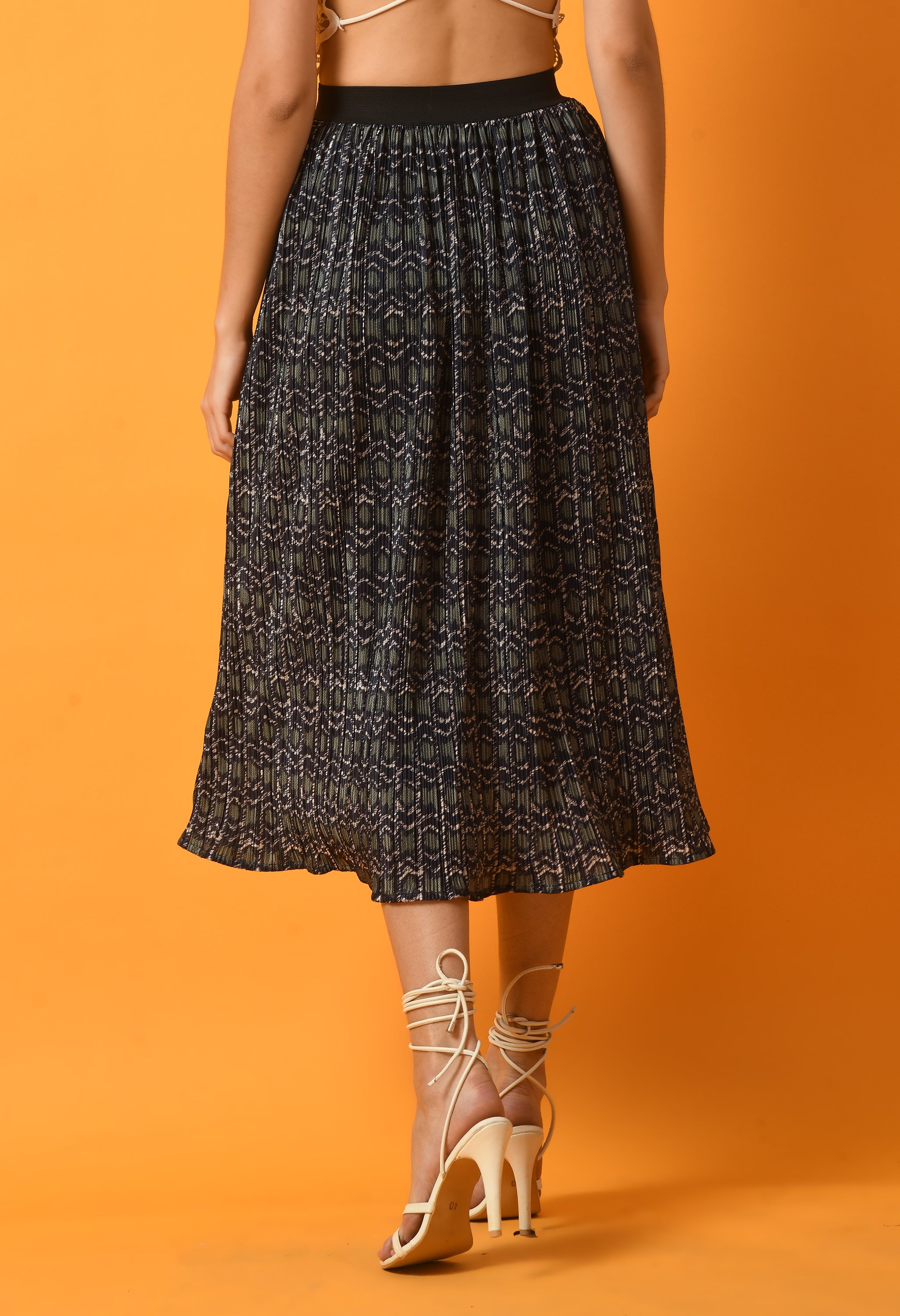 PRINT PLEATED MIDI SKIRT WITH ELASTIC WAISTBAND