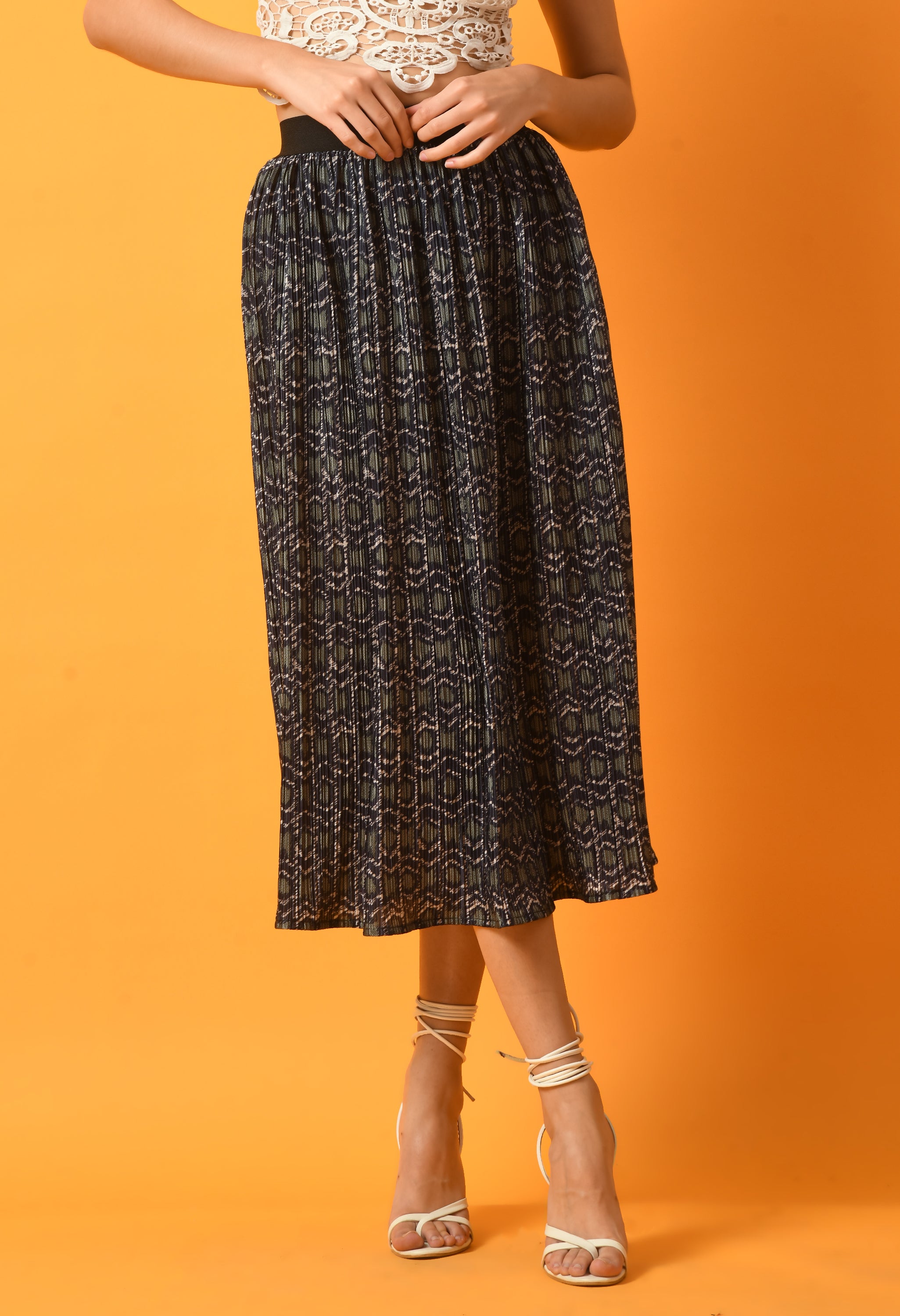 PRINT PLEATED MIDI SKIRT WITH ELASTIC WAISTBAND