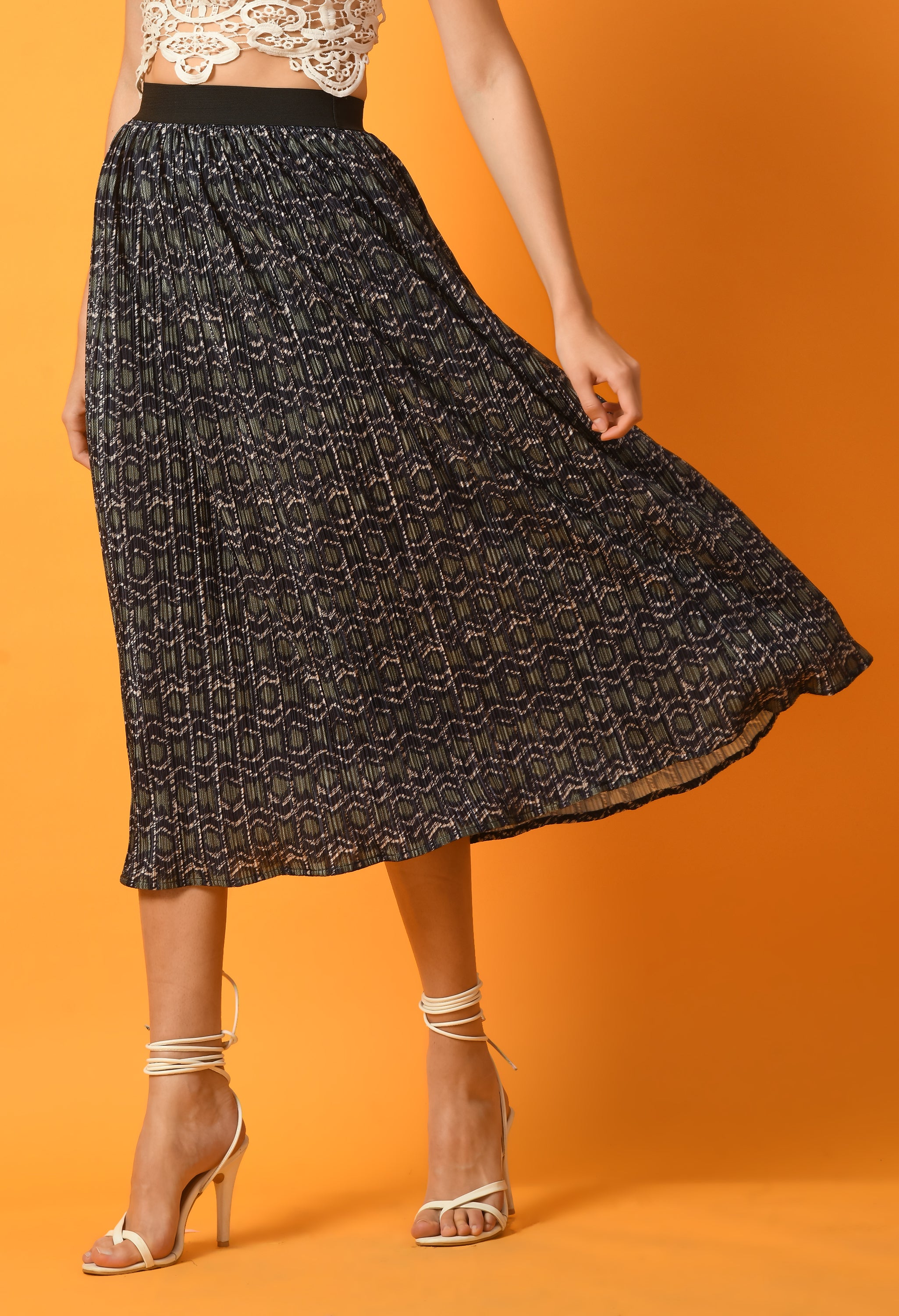 PRINT PLEATED MIDI SKIRT WITH ELASTIC WAISTBAND