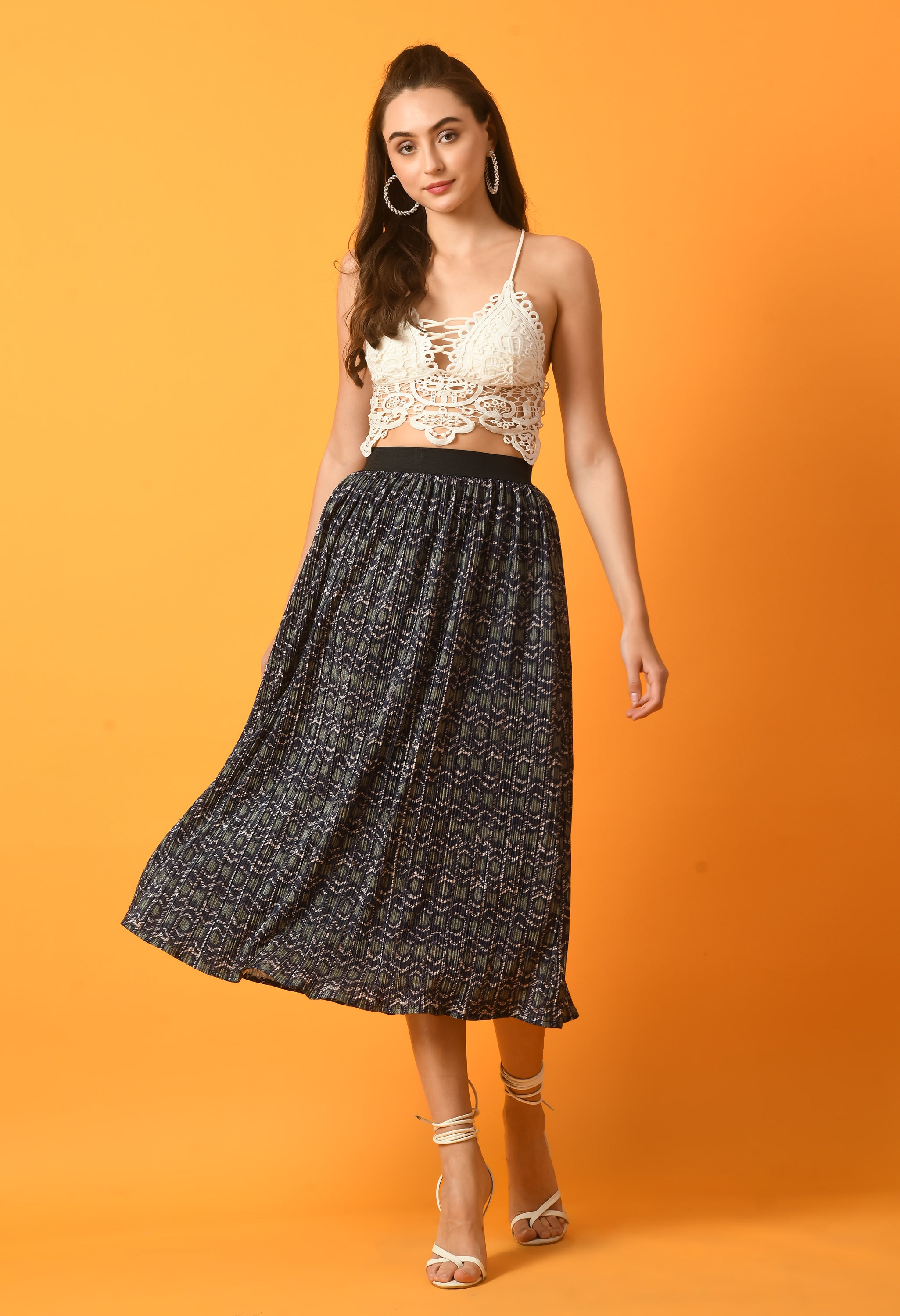 PRINT PLEATED MIDI SKIRT WITH ELASTIC WAISTBAND